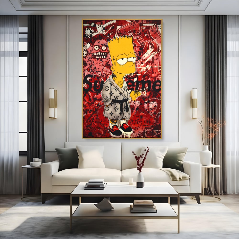 Tablou canvas cu tablou canvas cu bart simpson graffiti, in rama de aluminiu auriu, pe perete intr-un living